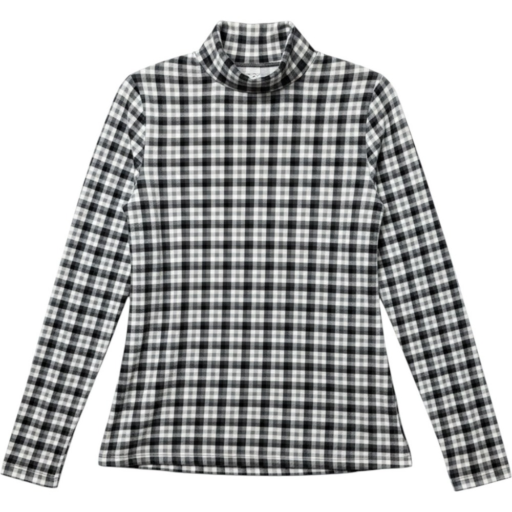 Lands End Turtleneck Preppy Gingham Long Sleeve Top XL Black White Plaid Stretch